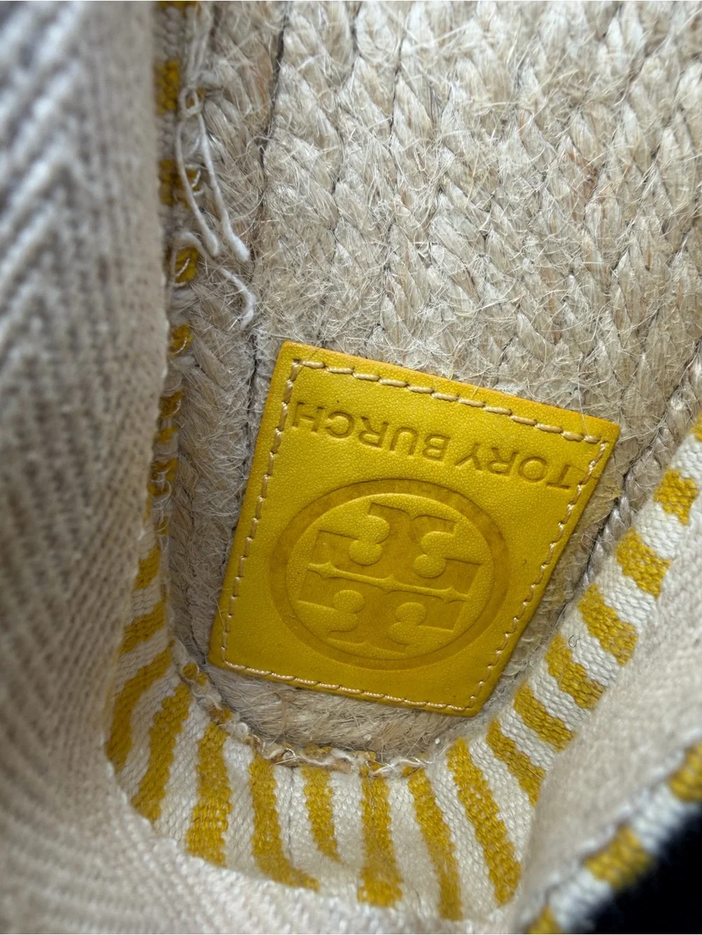 Tory Burch Yellow and White Striped Espadrille Flats with Gold Logo Sz 10 M